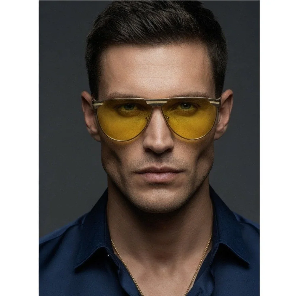 Mens Gold Sunglasses Yellow Tinted Lens Flat Top Metal Frame Retro Style Elegant